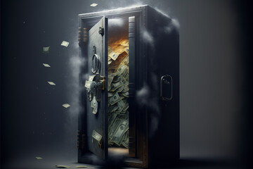 Robbery, crime, theft concept. Metal safe with lightning. Generative AI painting - 569633603