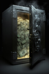 Robbery, crime, theft concept. Metal safe with lightning. Generative AI painting