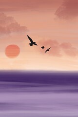 Fototapeta na wymiar Purple sea with sunshine orange night gradient background