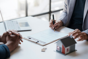 Real estate agent offer to sell house and land to their client. Offer a sample house, make a contract to reserve a house recommend credit and home fire insurance for customer.