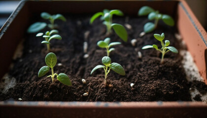 young plant new life leaf growing, several seedlings the soil in a tray lush green environment their stems are visible, The soil is a rich dark brown color an essential part of the growing process.