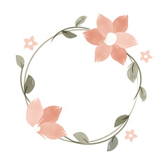 Watercolor hand painted frame with pink flowers, little green leaves and branches. Frame for wedding invitations, save the date or greeting cards