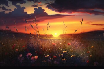 A Moment of Wonder - A Stunning Sunset on the Meadow Generative AI