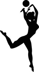 Gymnastics. The sportswoman does an exercise with a ball. Black silhouette, cartoon
