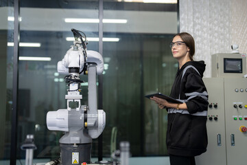 Female engineer setting program for Robotic arm in assembly manufacturing factory. Innovative Technology concept.