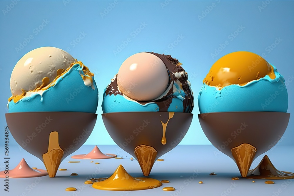 Poster three ice creams with different flavors of ice cream in a row on a blue background with a splash of 