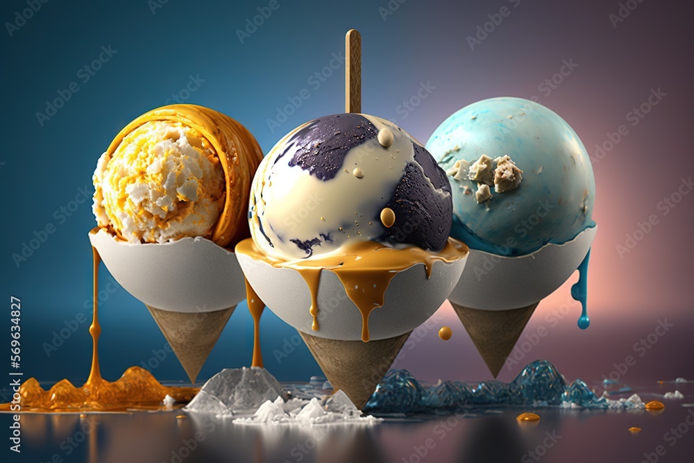 Aufkleber three scoops of ice cream in a cone on top of a table, with a blurred background the ice cream scoop
