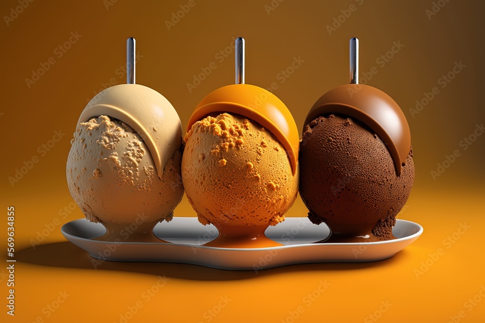 Poster three different types of ice cream on a plate on a yellow background with a shadow of three ice crea