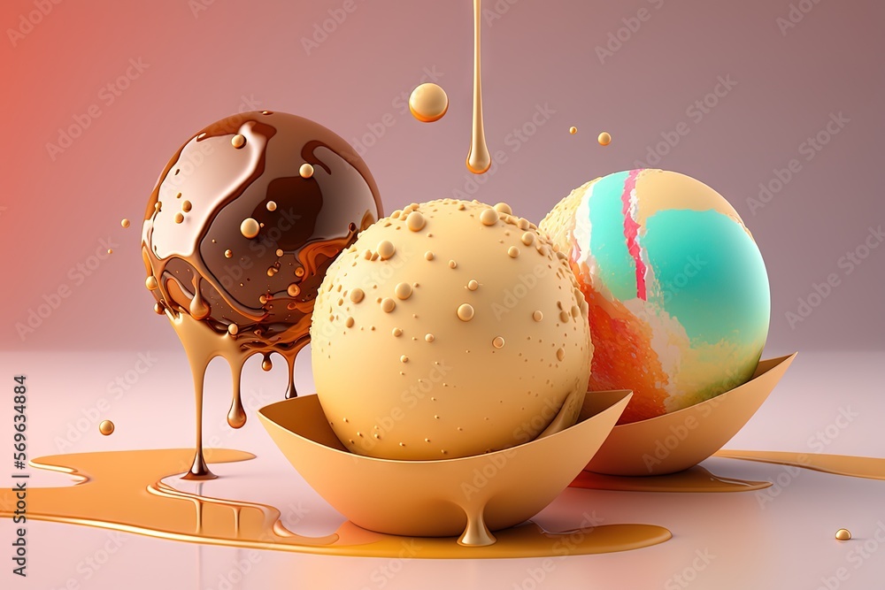 Poster a group of three eggs in a carton with chocolate sauce on the side of it and a splash of caramel on 