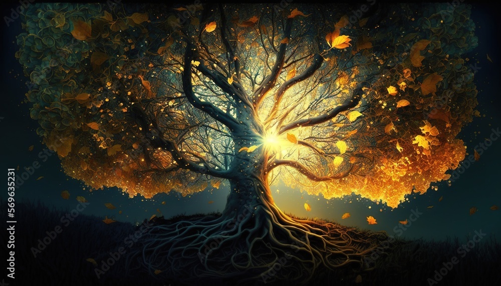 Poster a painting of a tree with the sun shining through the leaves and the roots of the tree are in the fo