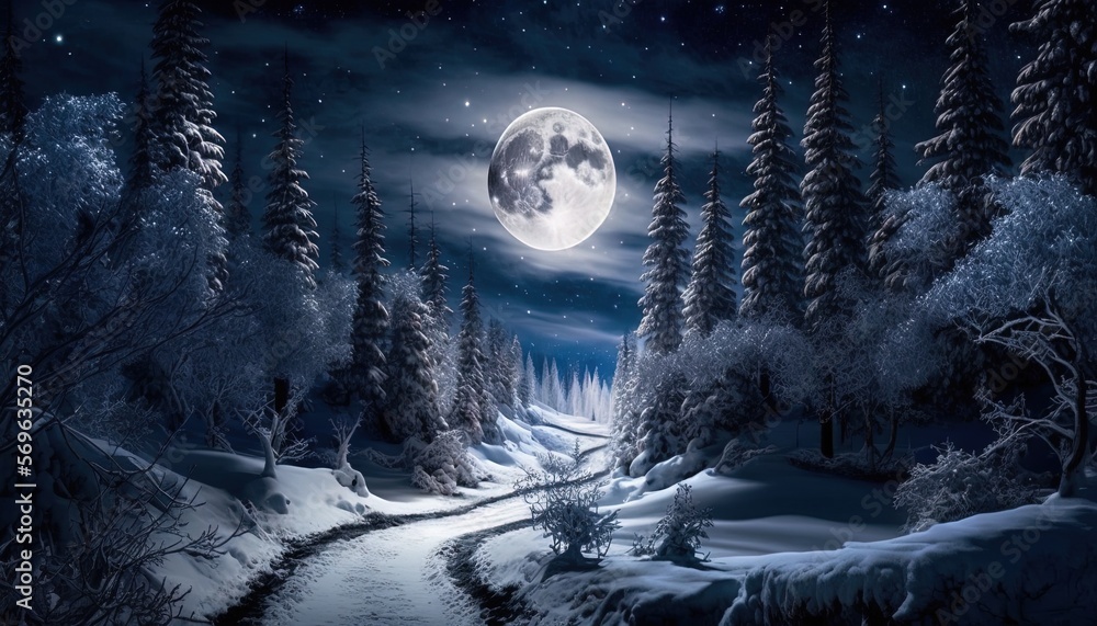 Poster a night scene with a snow covered forest and a full moon in the sky with a river running through it 