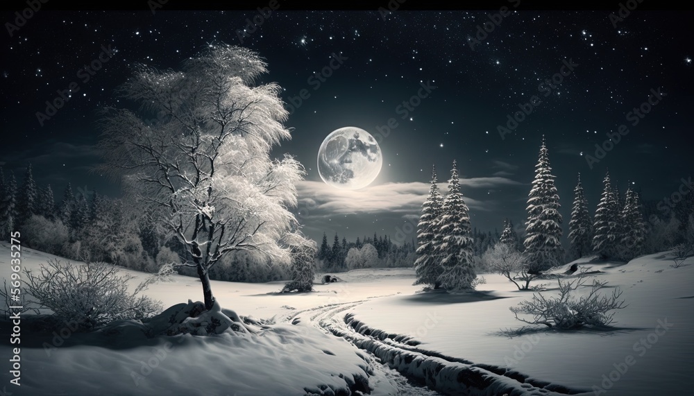 Poster a snowy landscape with a full moon and trees in the distance with snow on the ground and a trail lea