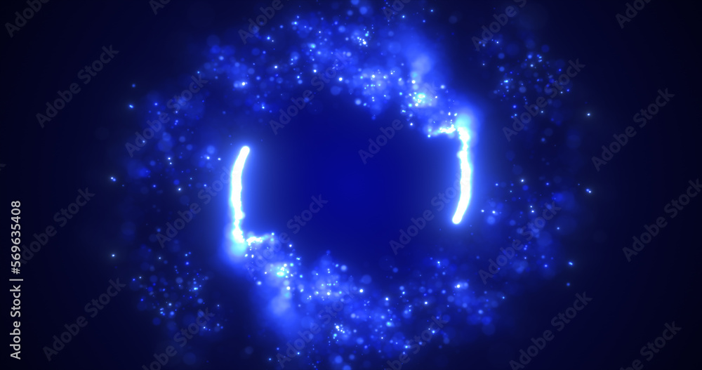 Poster abstract blue energy lines and cyclic circles with magic bokeh from particles, abstract background