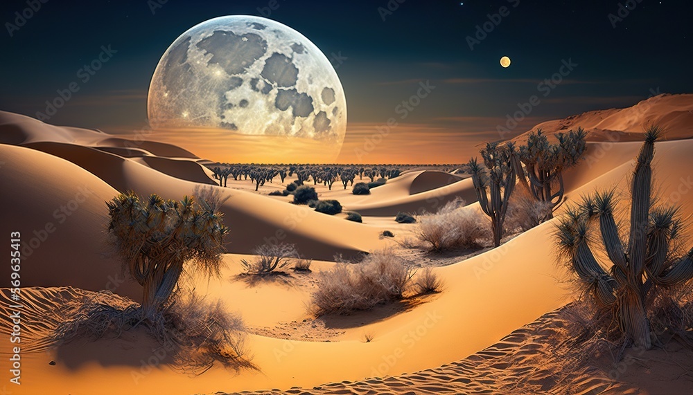 Poster a desert landscape with a full moon in the sky and trees in the foreground, and a desert landscape w