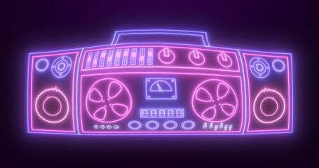 Neon retro tape recorder for listening to songs old vintage hipster luminous blue-purple