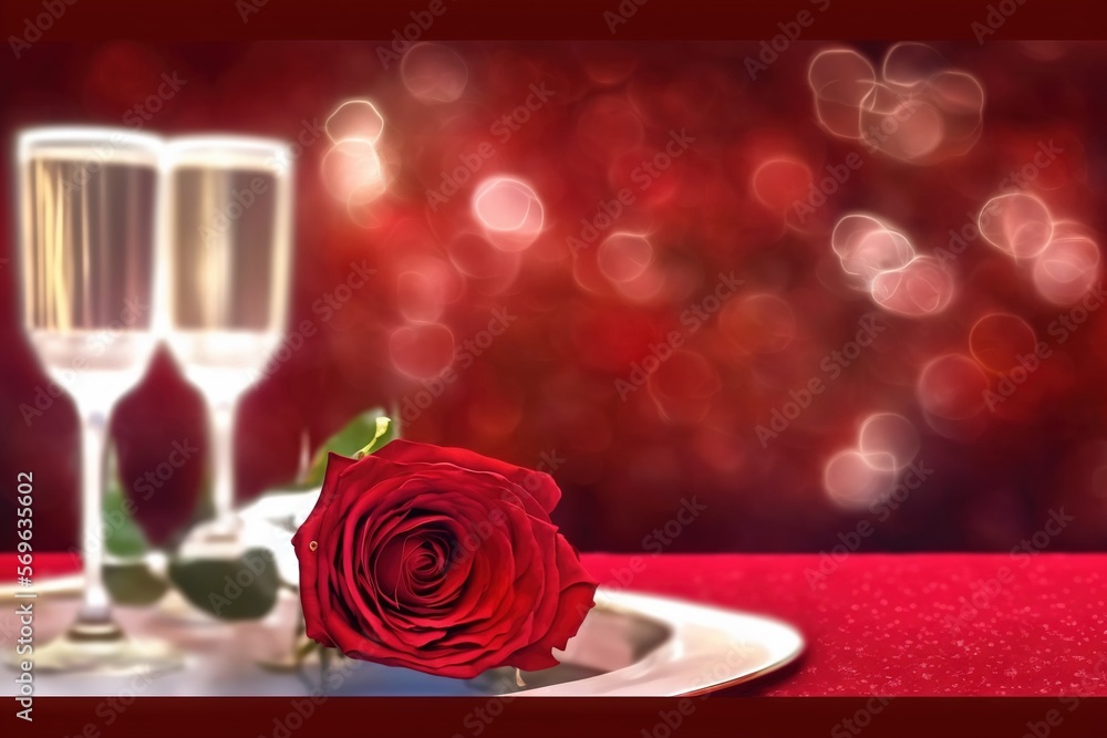 Poster a red rose sitting on a plate with two champagne flutes in front of a blurry background of red and w