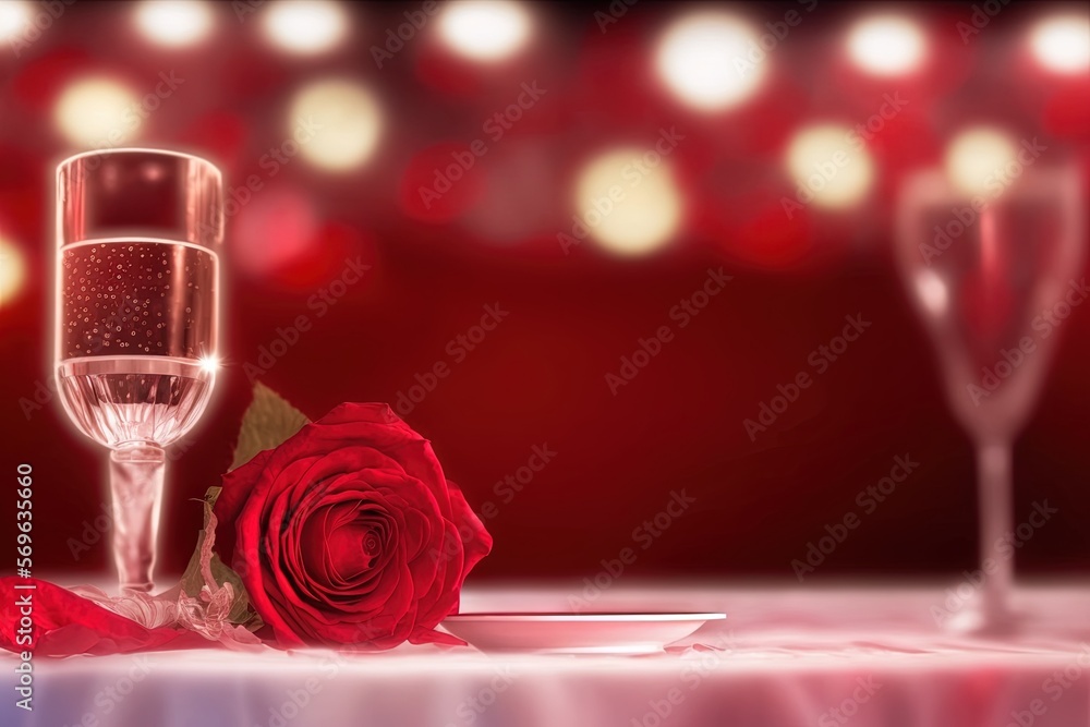 Poster a glass of wine and a rose on a table with lights in the background and a red rose in the foreground