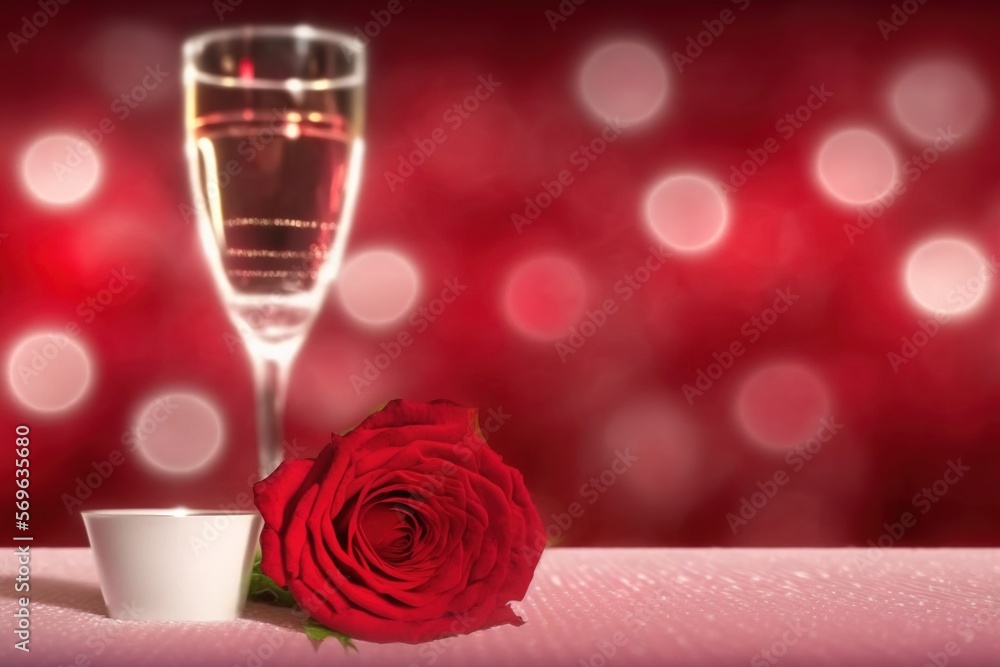 Aufkleber a glass of wine and a rose on a table with a red background and boke of lights in the background wit