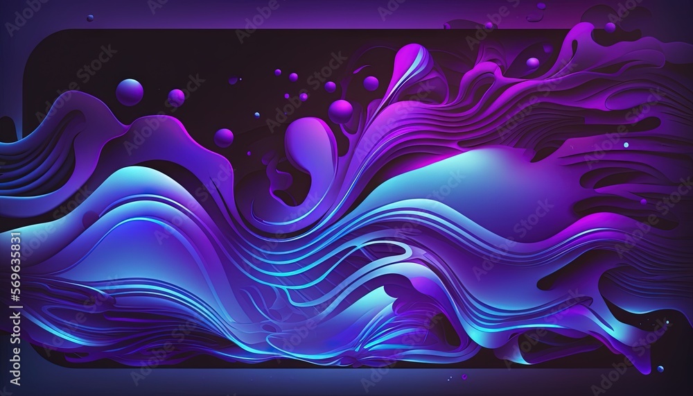 Poster a purple abstract background with wavy lines and bubbles on a black background with space for a text