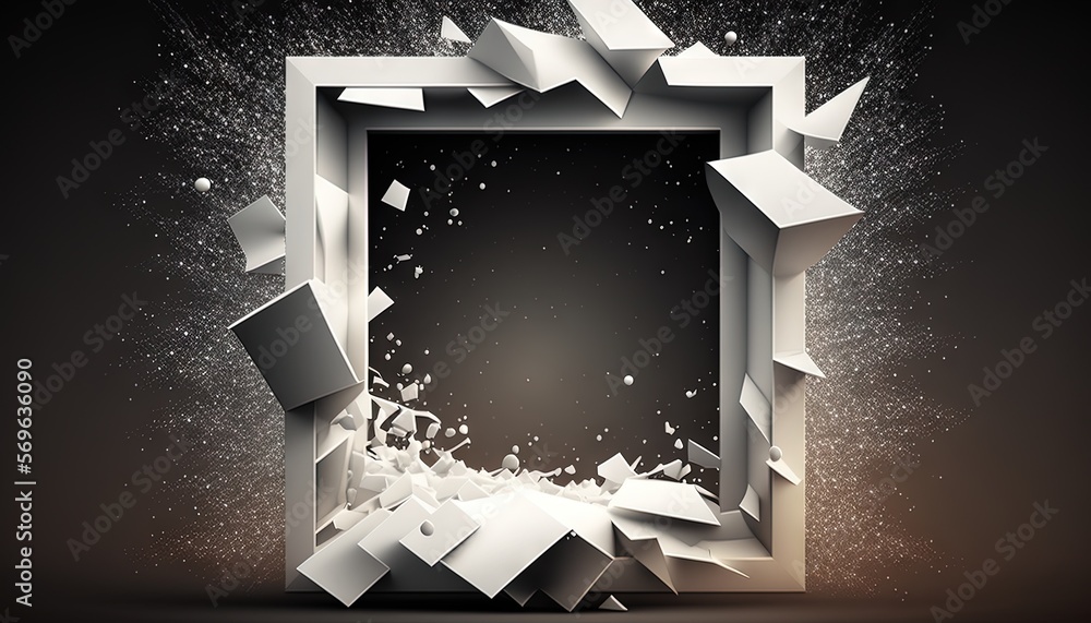 Poster a 3d rendering of a white frame with a hole in the middle of it, surrounded by a dark background the