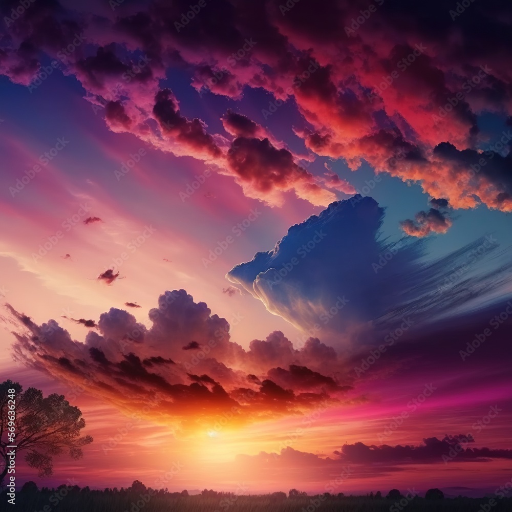 Poster a colorful sunset with clouds and a lone tree in the foreground and the sun setting in the distance 