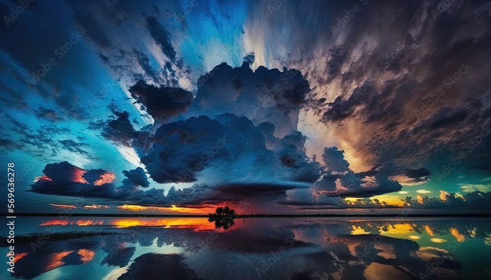 Poster a large cloud is in the sky above a body of water with a tree in the middle of the picture and the s