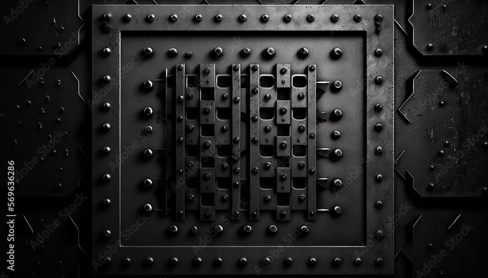 Poster a black metal background with rivets and a square hole in the middle of the image with a black backg