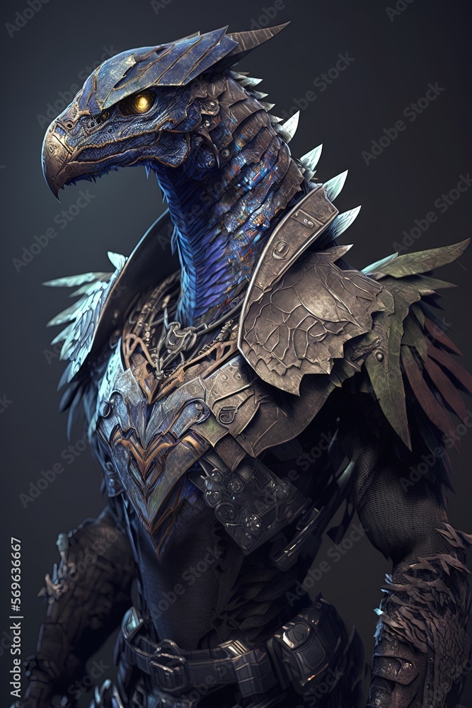 Poster a dragon like creature with a helmet and wings on it's head, standing in front of a dark background 