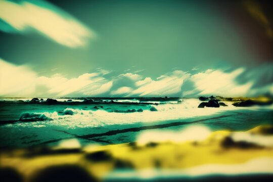 a blurred pan of an abstract oceanic landscape. Cross processed colors give the image a retro, vintage appearance. Generative AI