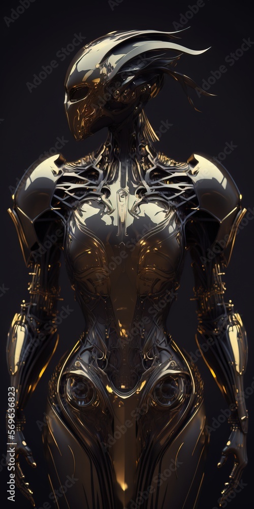 Poster a futuristic woman in gold and black with a black background and a black background with a black bac