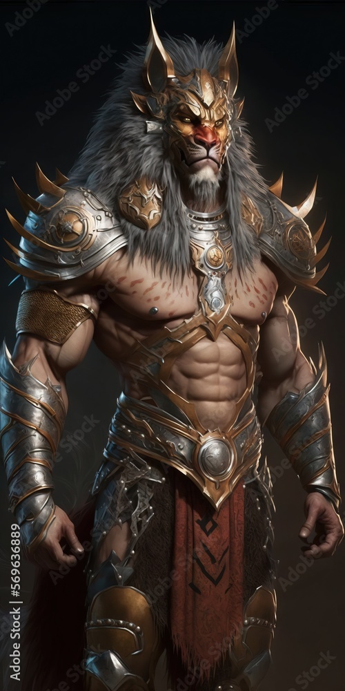 Poster a man in armor with a horned face and a horned head, standing in front of a black background with a 