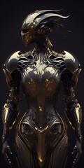  a futuristic woman in gold and black with a black background and a black background with a black background and a black background with a black background and white background with a.  generative ai