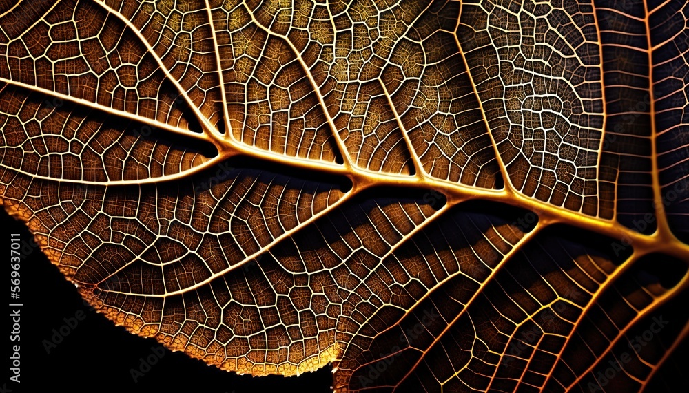Poster a close up of a leaf's vein on a black background with a light shining on it's side and the top part