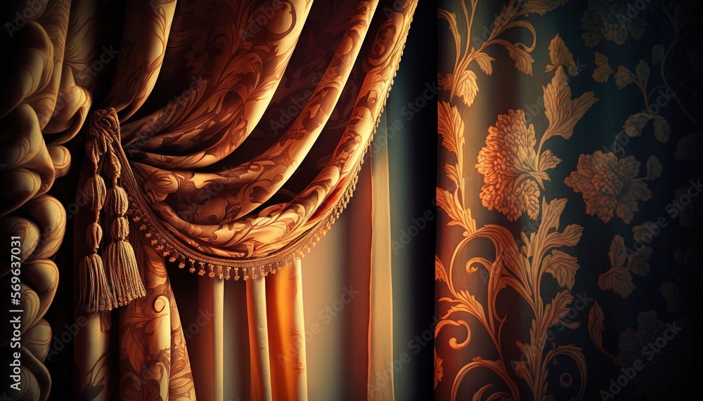 Poster a curtain with a tassel hanging from it's side next to a curtain with a tassel hanging from it's sid