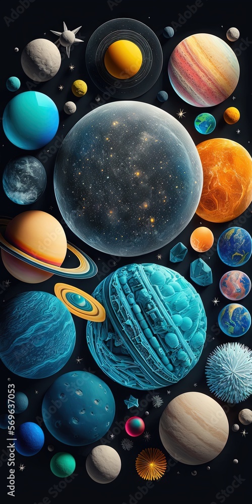 Poster a group of planets and their names in a circle on a black background with stars and a sun in the mid