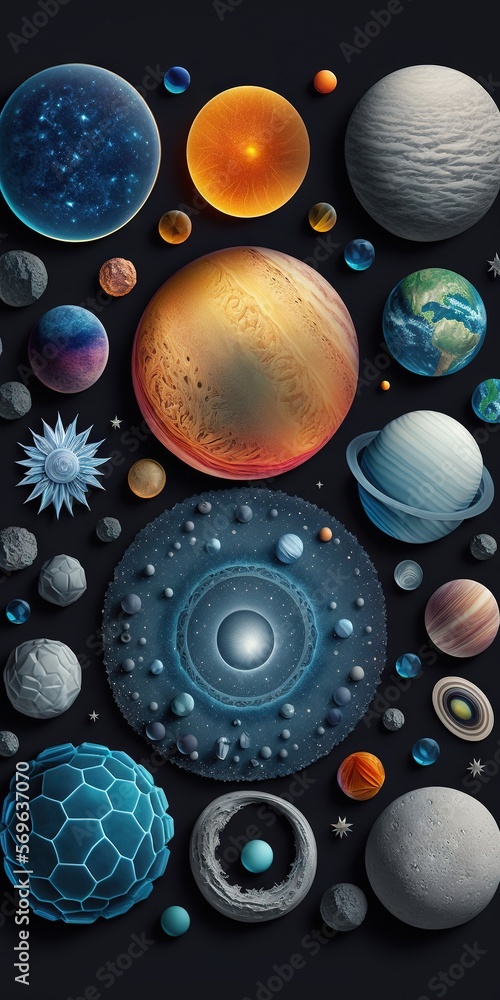 Poster a bunch of different types of planets on a black background with stars and planets in the sky, all o