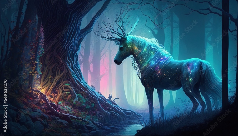 Poster a unicorn standing in the middle of a forest next to a tree with glowing stars on its back and a tra