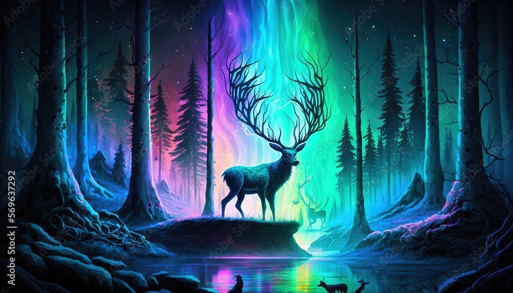 Poster a painting of a deer standing in a forest with a rainbow light in the background and a lake in the f