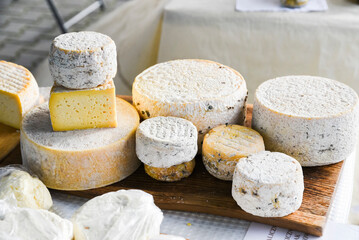Different types of cheeses sold in the market.
