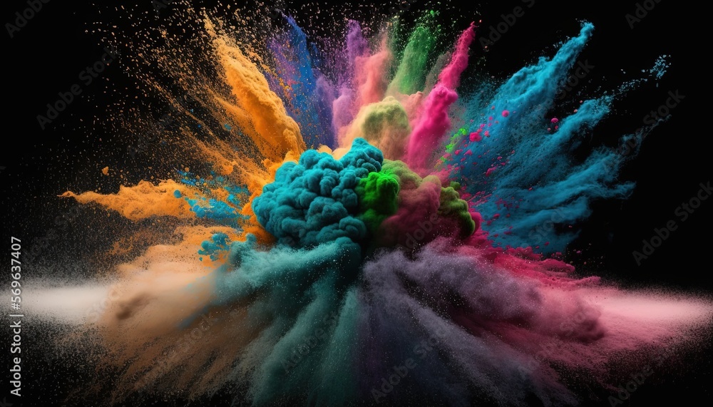 Poster a colorful explosion of colored powder on a black background with space for text or image or image t