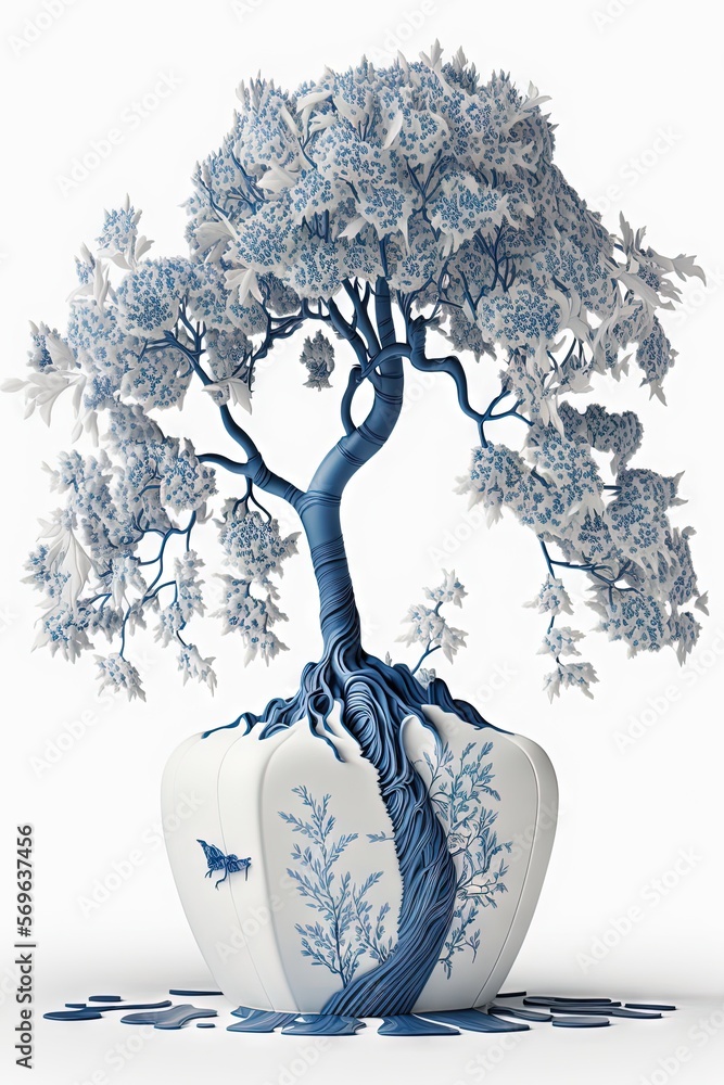 Poster a blue and white vase with a tree in it on a white surface with a butterfly flying around the tree a