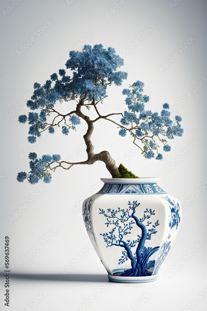 Poster a blue and white vase with a bonsai tree in the middle of it on a white background with a shadow fro