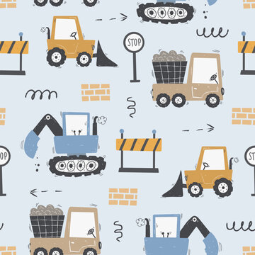 Cute children's seamless pattern with trucks and diggers in Scandinavian style on a white background. Building equipment. Funny construction transport
