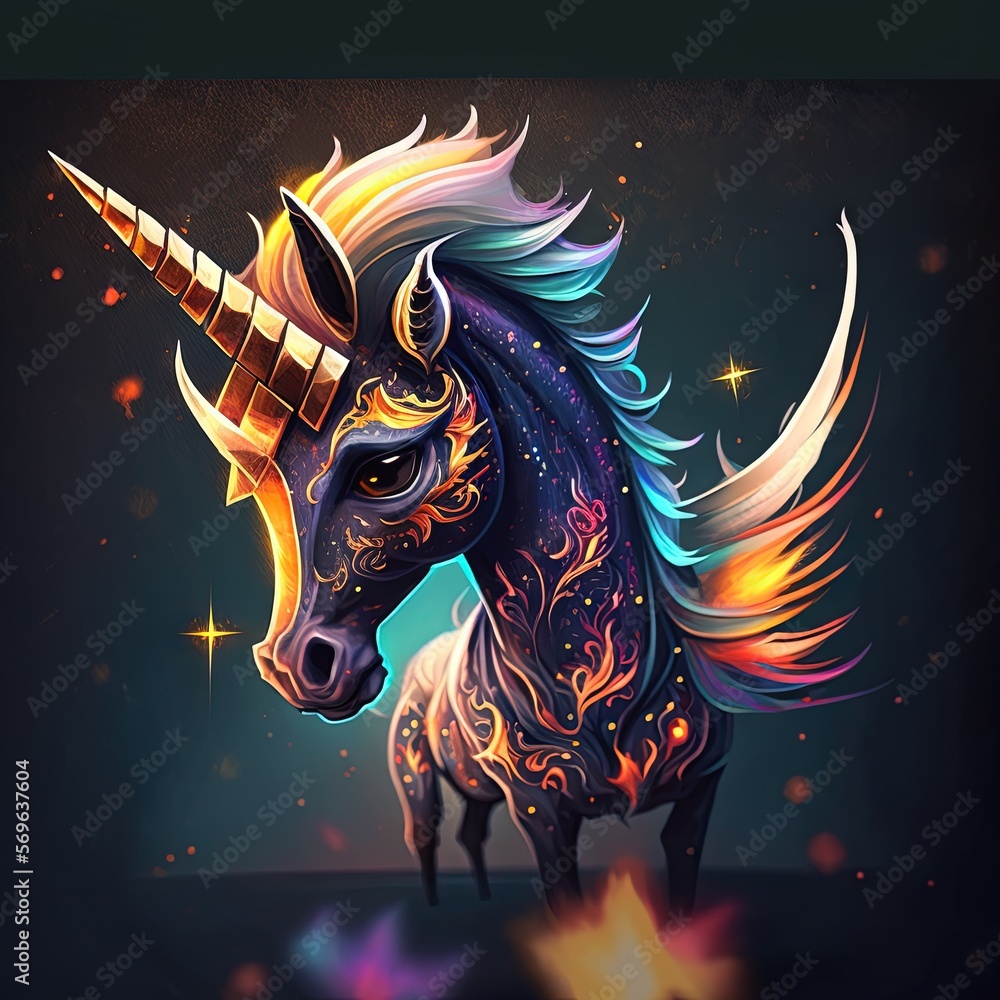 Poster a colorful unicorn with a long horn standing in front of a blue background with stars and a firework