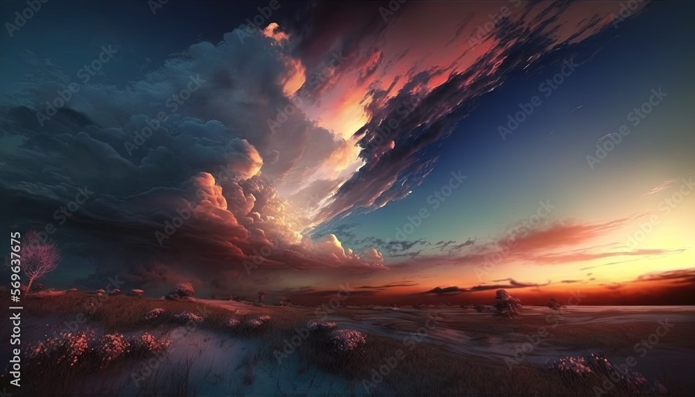 Poster a painting of a sunset with clouds and a lake in the foreground and a sunset in the background with 