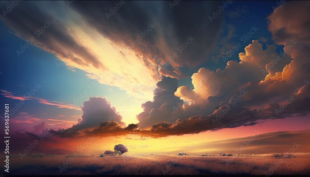 Poster a painting of a sunset with clouds and a tree in the foreground and a field in the foreground with g