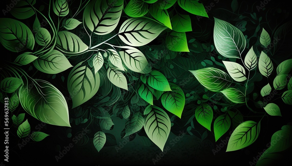 Poster a painting of green leaves on a black background with a green glow in the middle of the image and a 
