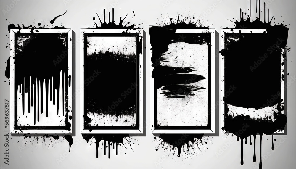 Poster a set of three frames with paint splatters on them and a black and white background with a grungy bo