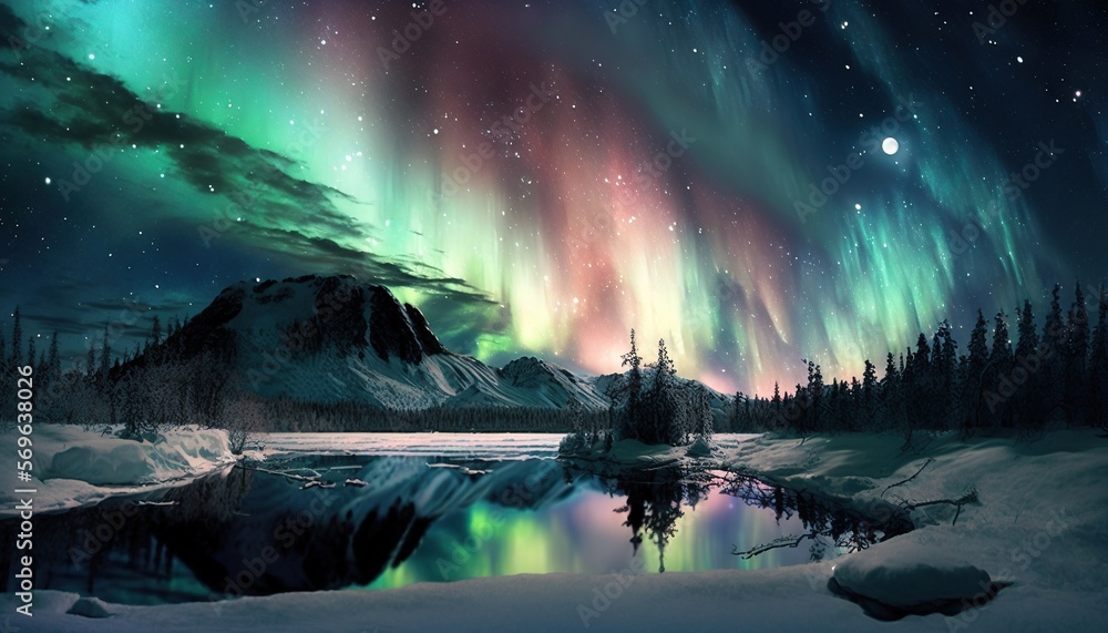 Poster the aurora bore is reflected in a lake surrounded by snow covered mountains and evergreen trees, wit