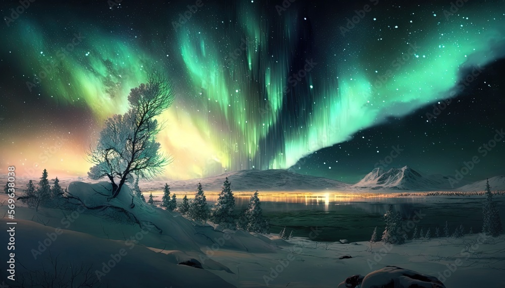 Poster a painting of the aurora bore over a lake and a forest with snow on the ground and trees in the fore